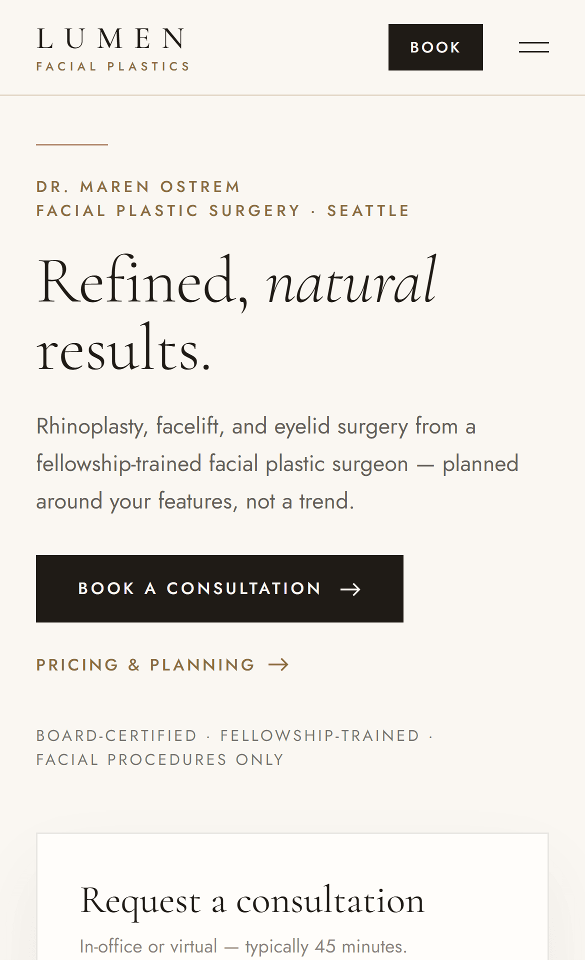 Lumen Facial Plastics — concept homepage design with procedure navigation and consultation booking